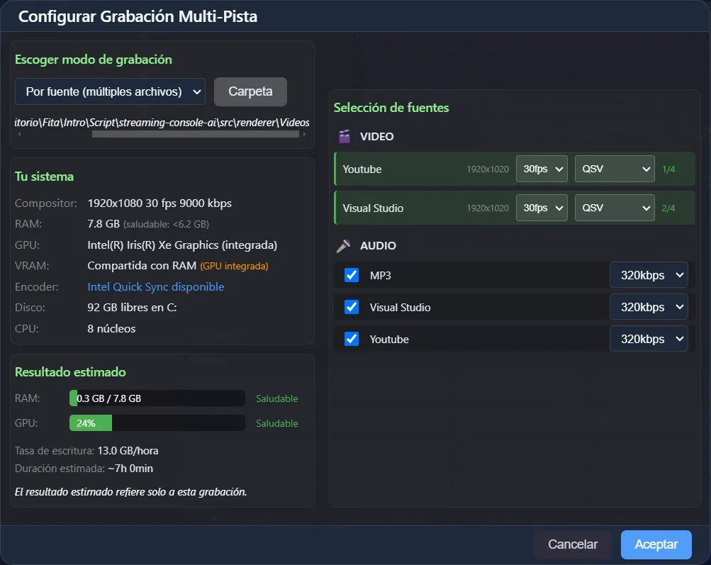Modal Configurar grabación por capas