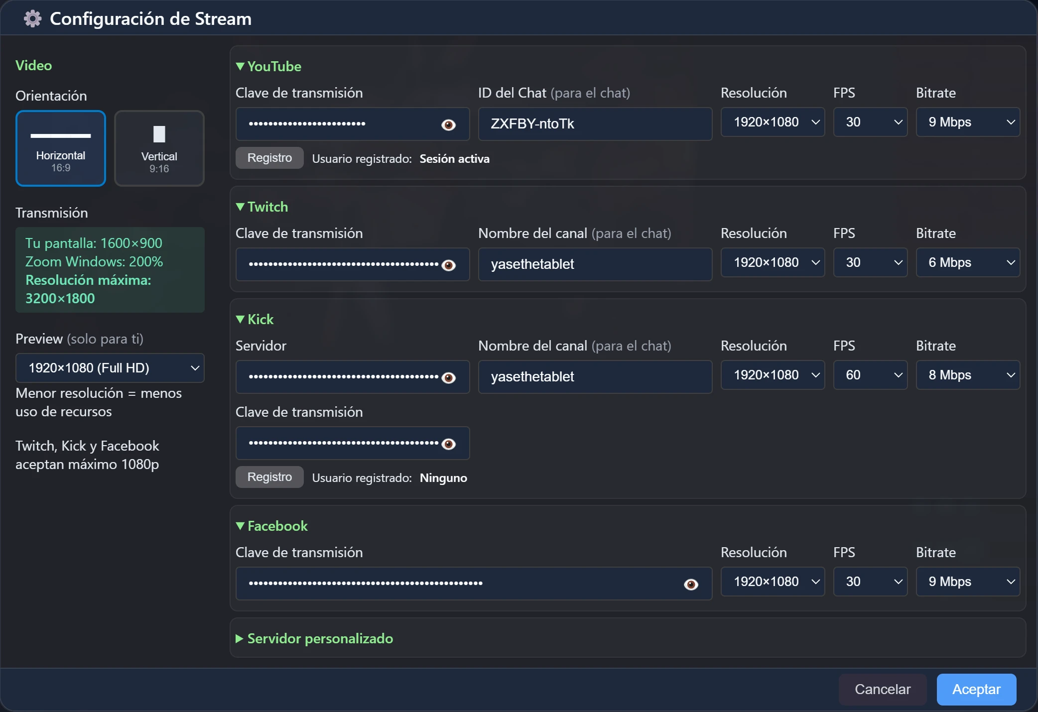 Modal Configuración de Transmisión